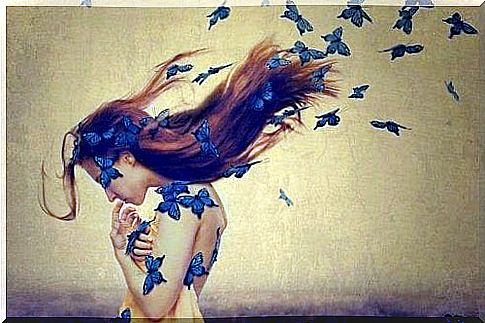 Woman with blue butterflies feels remorse